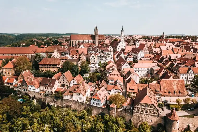Aerial view of Rothenburg's medieval old town rooftops in Germany