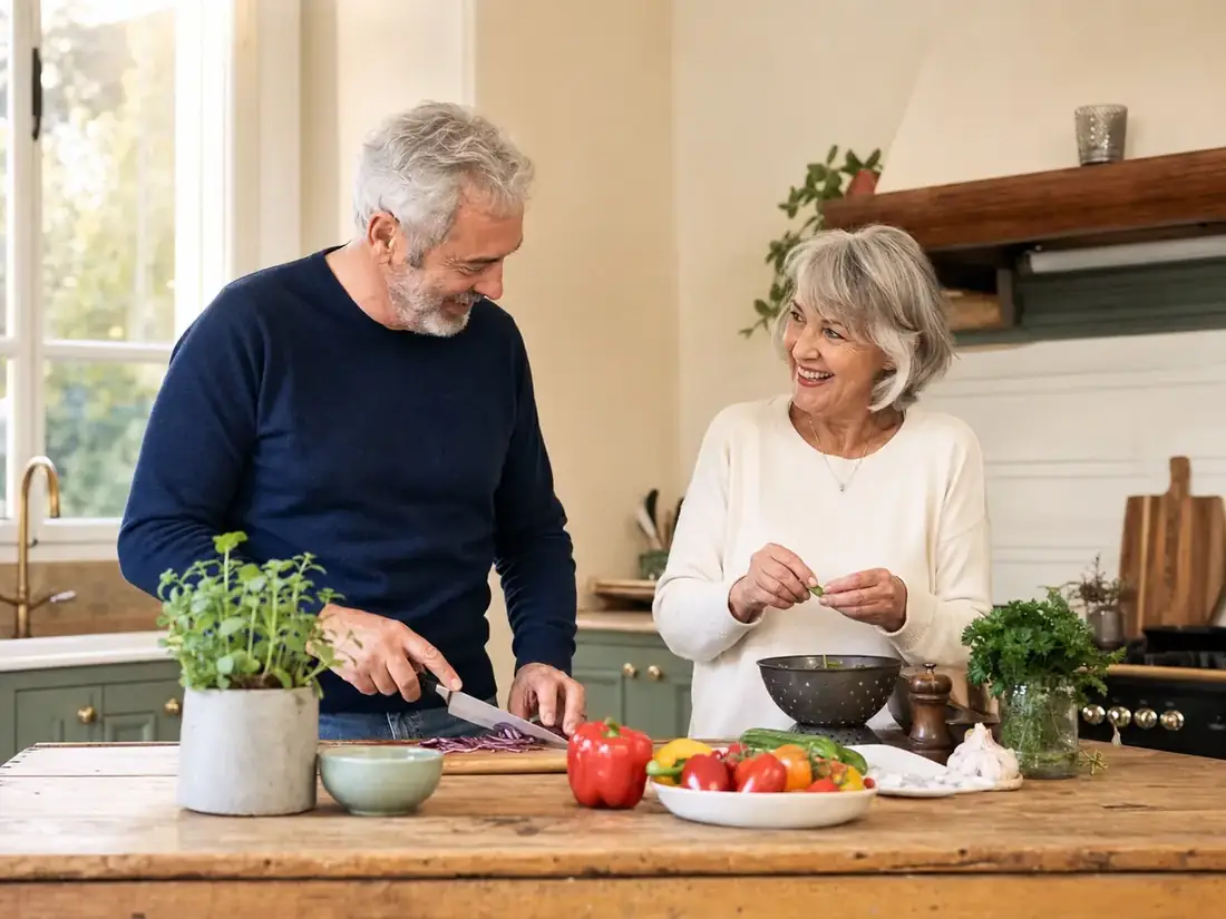 Mature couple cooking together in a bright home kitchen