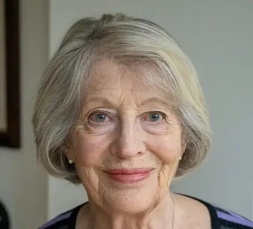 Linda, 63, warm smiling portrait at home